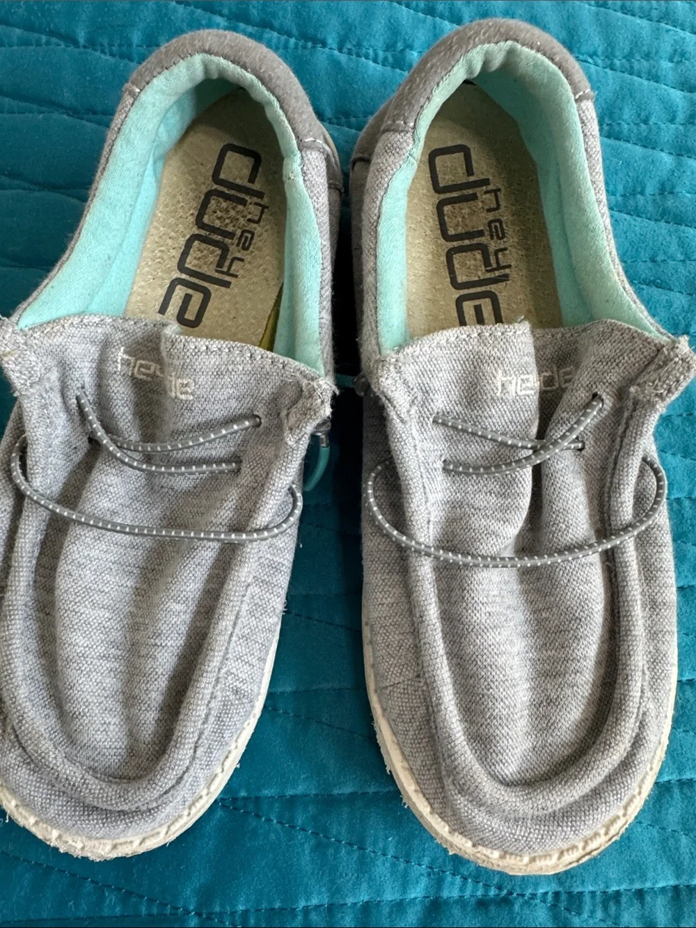 Hey Dude Gray Canvas Slip-Ons with Mint Green Lining